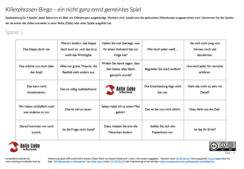 Killerphrasen-Bingo - ein nicht ganz ernst gemeintes Spiel | Antje Liebe - Coaching mit Pferden Harz, pferdegestütztes Coaching